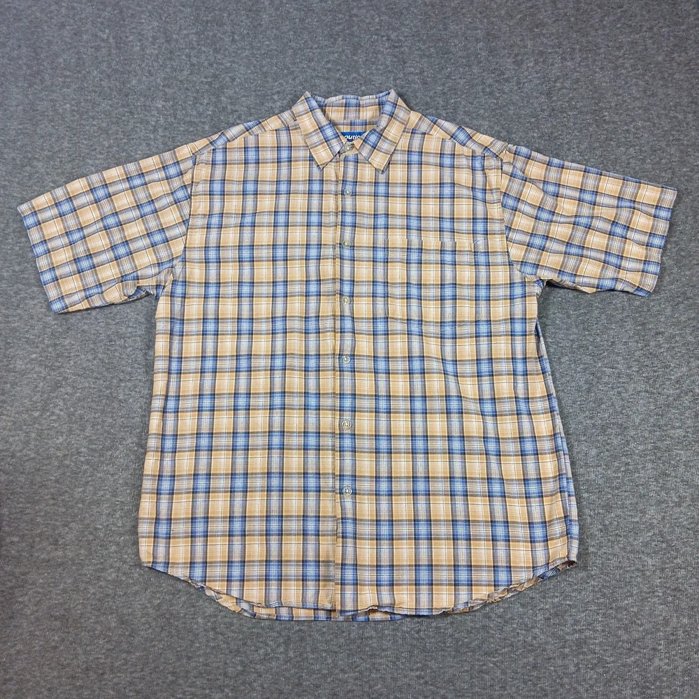 Outlooks Shirt Mens Large Beige Blue Plaid Short Sleeve Button Up Cotton Casual